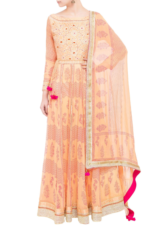 Peach raw silk and georgette gota work anarkali set