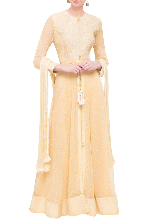 Beige raw silk and georgette thread work anarkali set