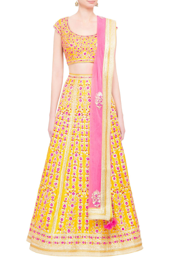 Yellow silk gota work lehenga with pink dupatta