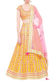 Yellow silk gota work lehenga with pink dupatta