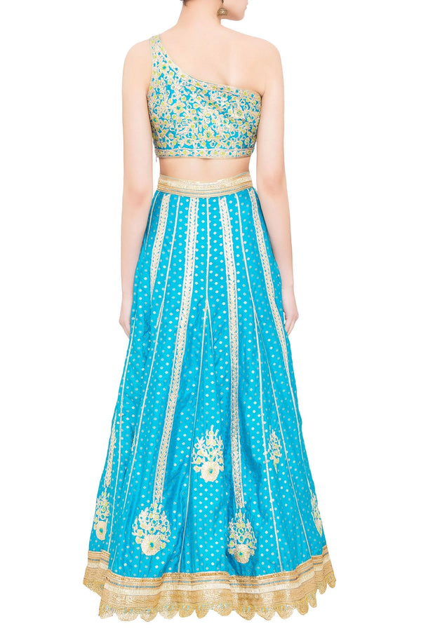 Blue &amp; green brocade gota work lehenga set