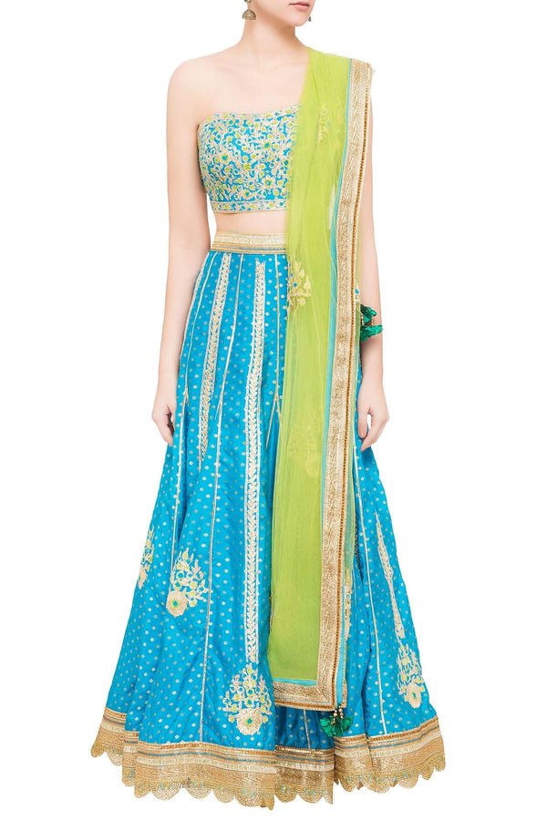 Blue &amp; green brocade gota work lehenga set