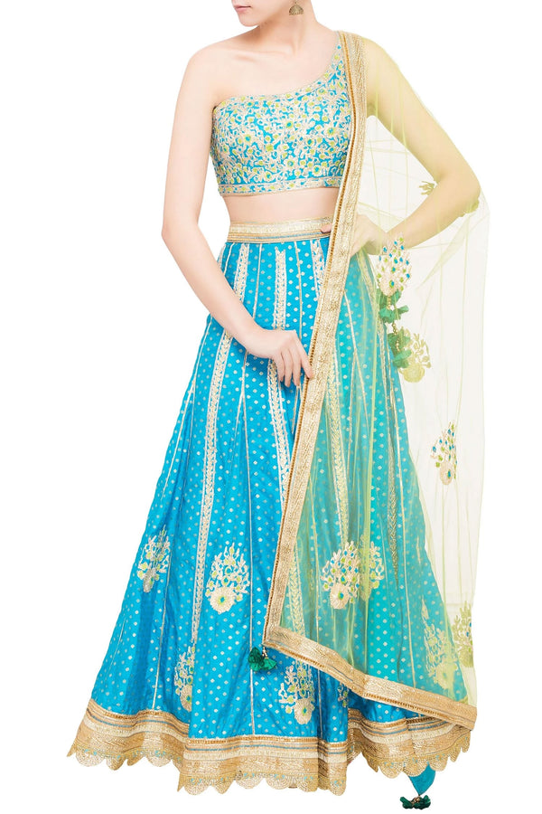 Blue &amp; green brocade gota work lehenga set