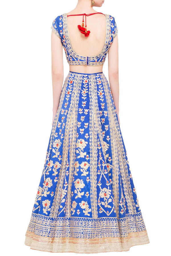 Royal blue satin gota work lehenga set