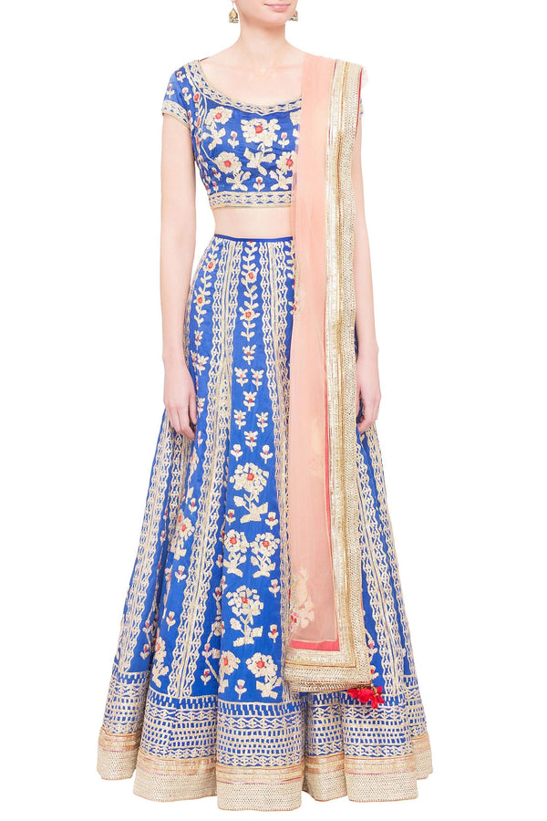 Royal blue satin gota work lehenga set