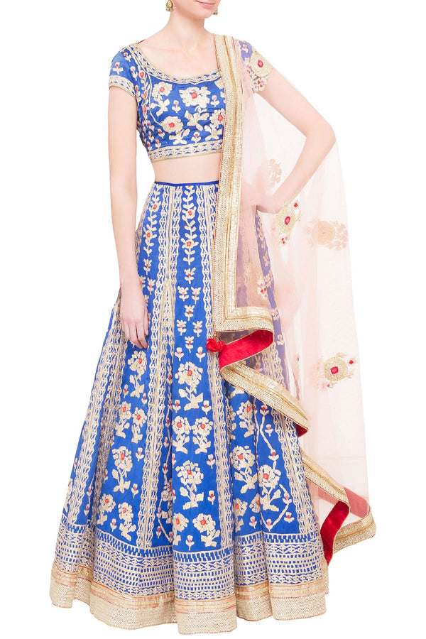 Royal blue satin gota work lehenga set