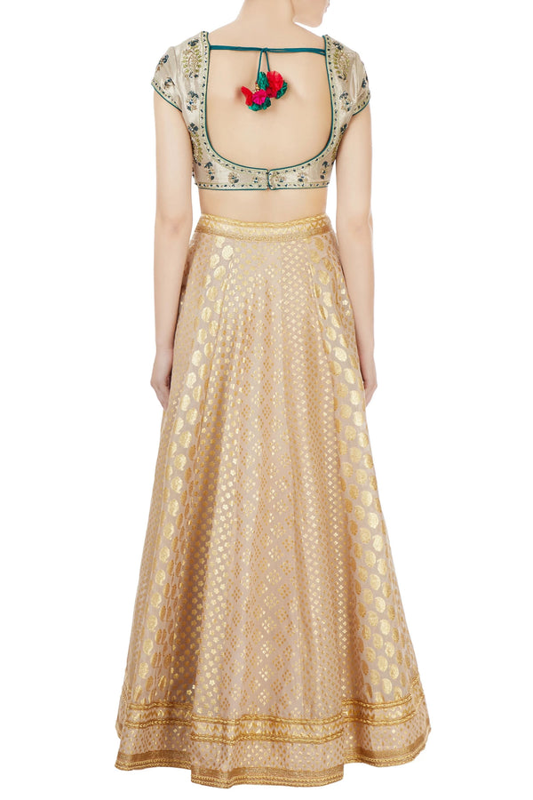 ZARDOZI EMBROIDERED BEIGE SILK CHANDERI BROCADE LEHENGA