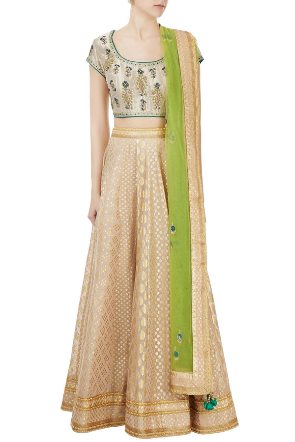 ZARDOZI EMBROIDERED BEIGE SILK CHANDERI BROCADE LEHENGA