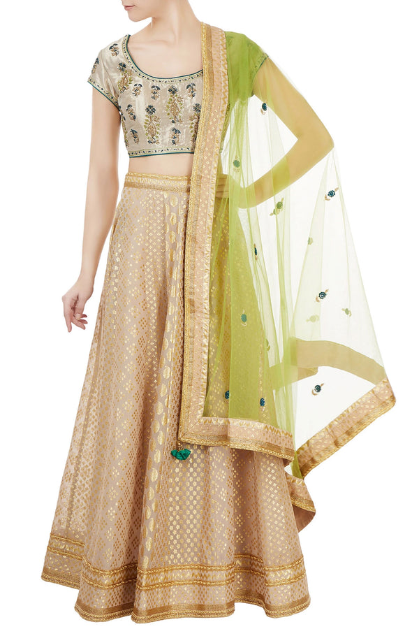 ZARDOZI EMBROIDERED BEIGE SILK CHANDERI BROCADE LEHENGA