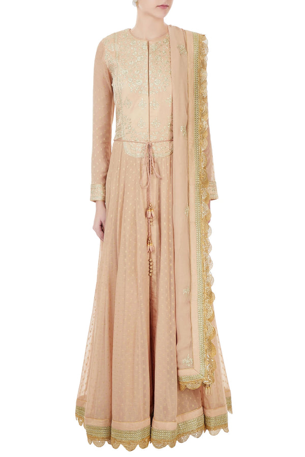 Beige georgette dori embroidered anarkali set