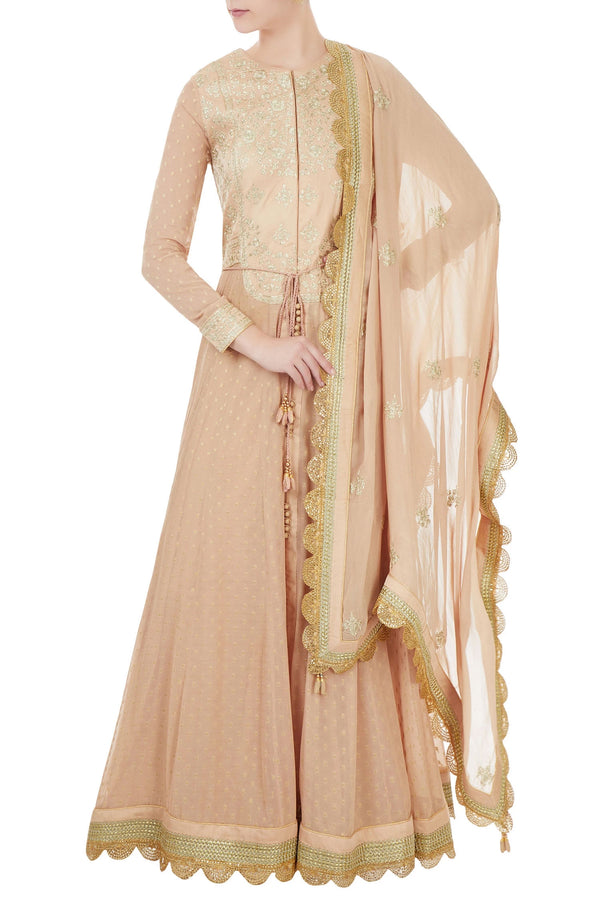 Beige georgette dori embroidered anarkali set