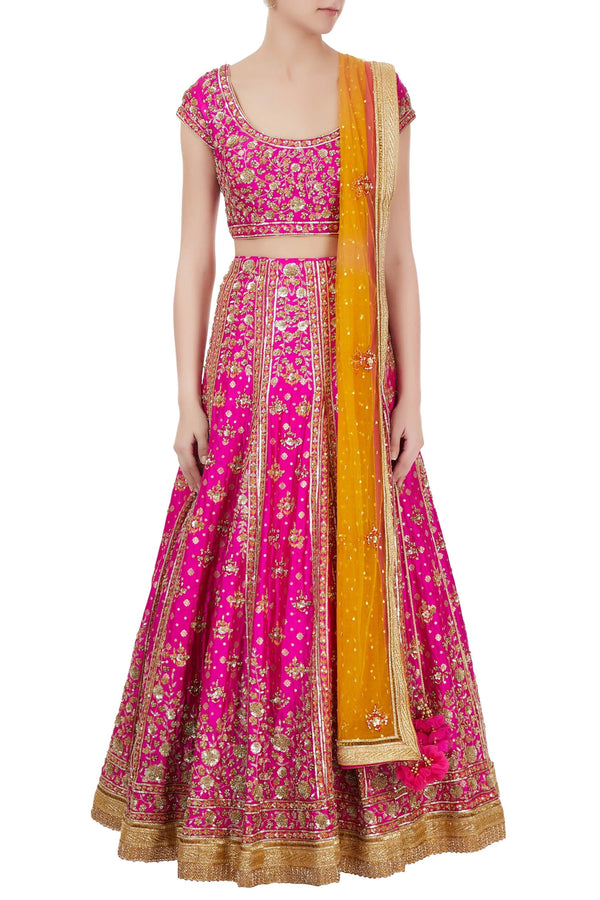 Pink sequin embroidered brocade bridal lehenga set