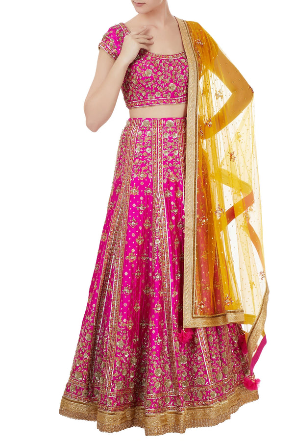 Pink sequin embroidered brocade bridal lehenga set