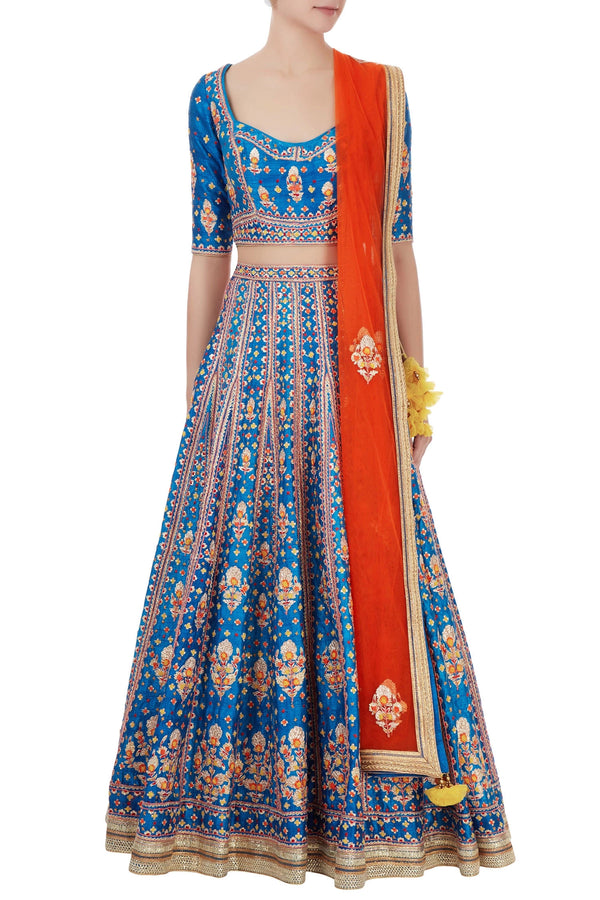 Blue gota embroidered raw silk lehenga set