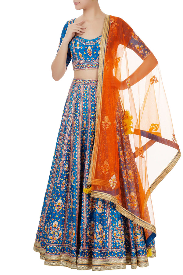 Blue gota embroidered raw silk lehenga set