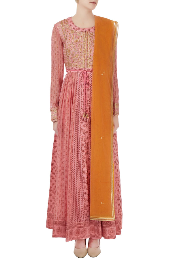 Pastel pink gota embroidered long anarkali set