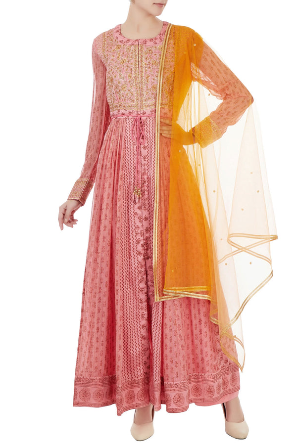 Pastel pink gota embroidered long anarkali set