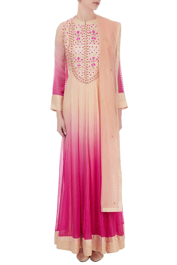 Pink ombre zari embroidered anarkali set