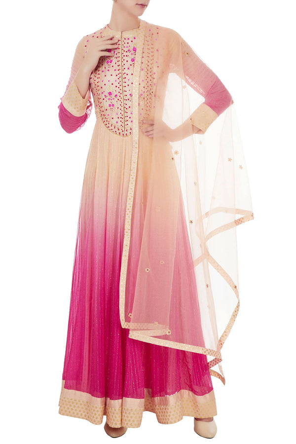 Pink ombre zari embroidered anarkali set