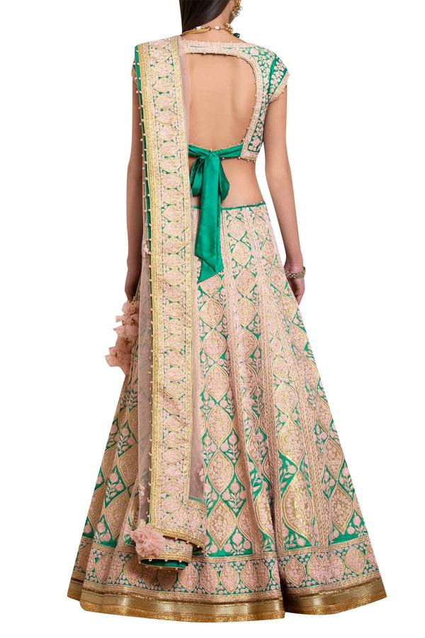 Peach and green raw silk applique thread embroidered lehenga set