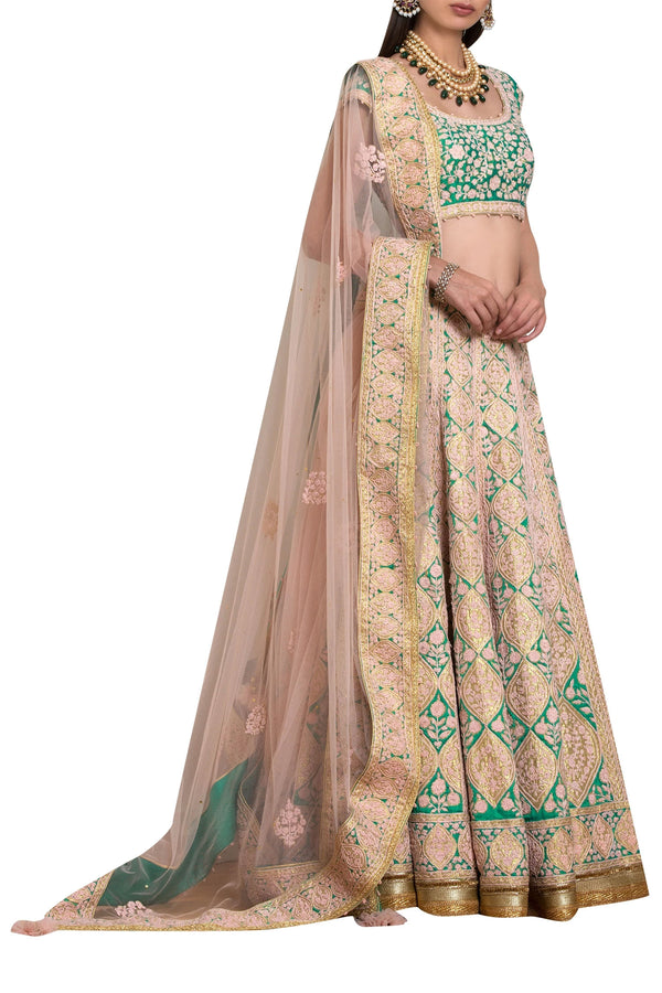 Peach and green raw silk applique thread embroidered lehenga set