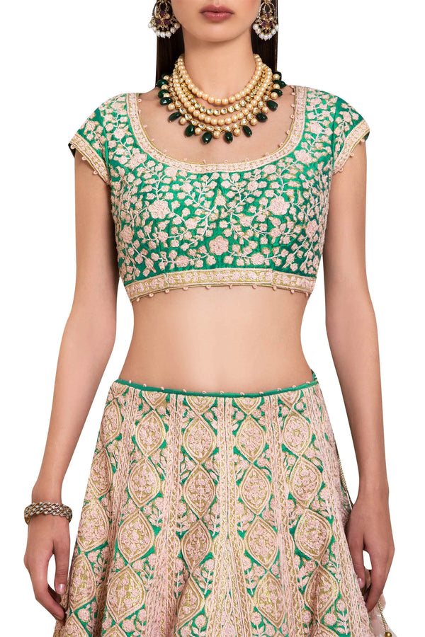 Peach and green raw silk applique thread embroidered lehenga set