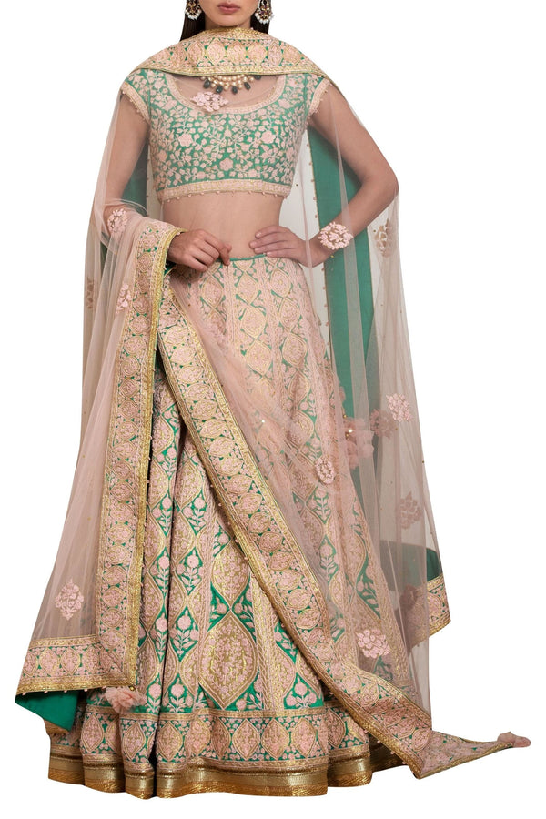 Peach and green raw silk applique thread embroidered lehenga set